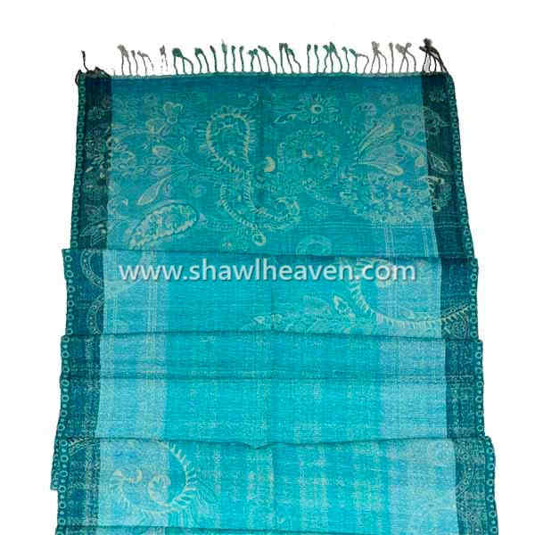 Turquoise boiled wool stole with dark cascade hem